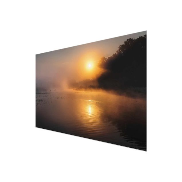 Bilder auf Glas Sonnenaufgang am See mit Rehen im Nebel