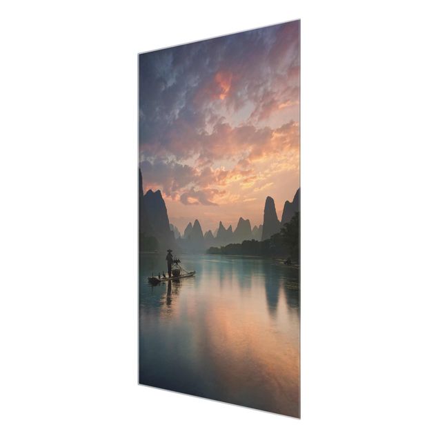 Glas Wandbilder Sonnenaufgang über chinesischem Fluss