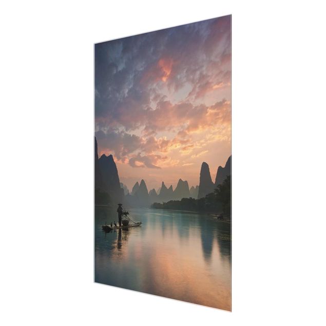 Glasbilder Sonnenaufgang über chinesischem Fluss