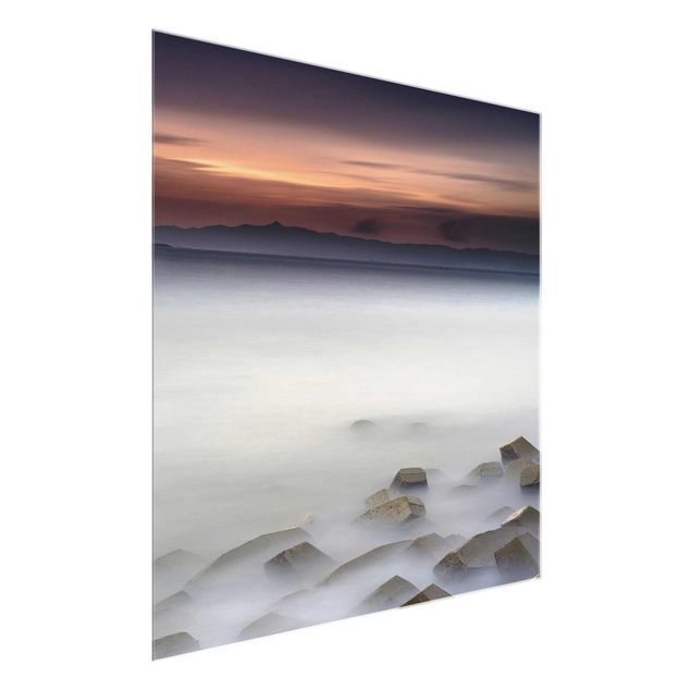 Glasbilder Landschaft Sonnenuntergang im Nebel