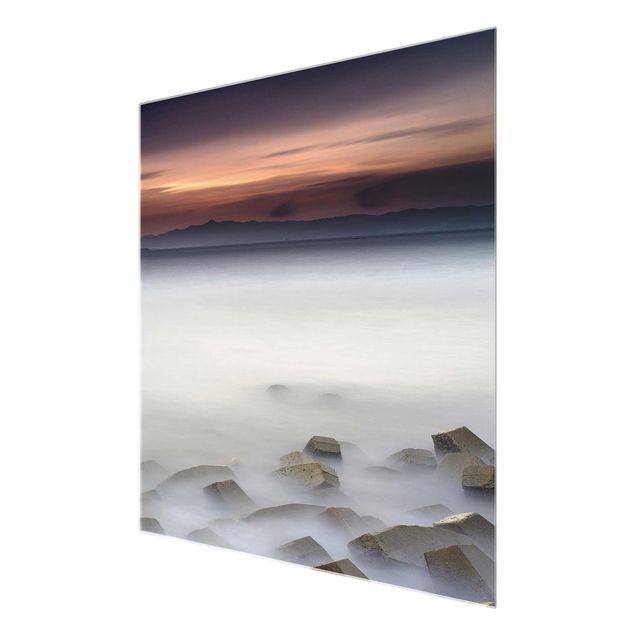 Bilder auf Glas Sonnenuntergang im Nebel