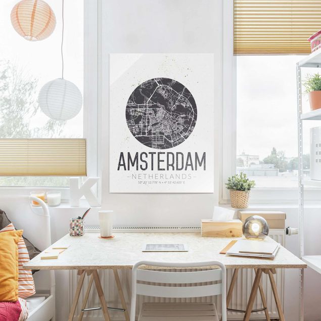 Glasbild Schwarz-Weiß Stadtplan Amsterdam - Retro