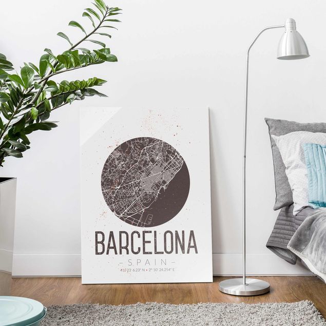 Glasbilder Sprüche Stadtplan Barcelona - Retro