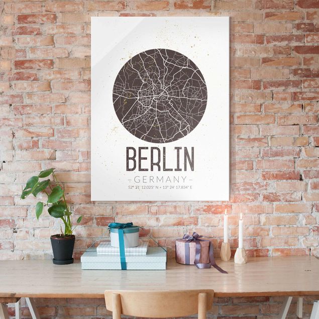 Schwarz-Weiß Glasbilder Stadtplan Berlin - Retro
