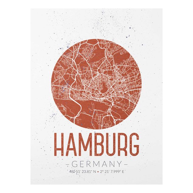 Glas Wandbilder Stadtplan Hamburg - Retro