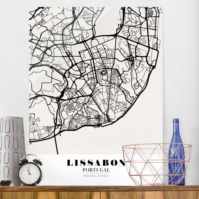 Glasbilder XXL Stadtplan Lissabon - Klassik