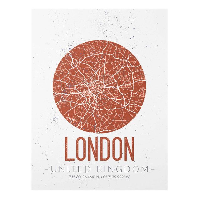 Glas Wandbilder Stadtplan London - Retro