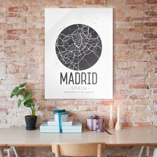 Schwarz-Weiß Glasbilder Stadtplan Madrid - Retro