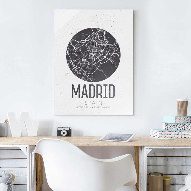 Glasbilder mit Spruch Stadtplan Madrid - Retro