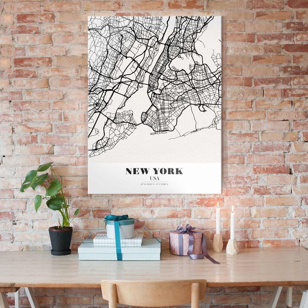 Glasbild Schwarz-Weiß Stadtplan New York - Klassik