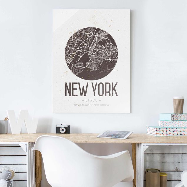 Glasbilder Schwarz-Weiß Stadtplan New York - Retro