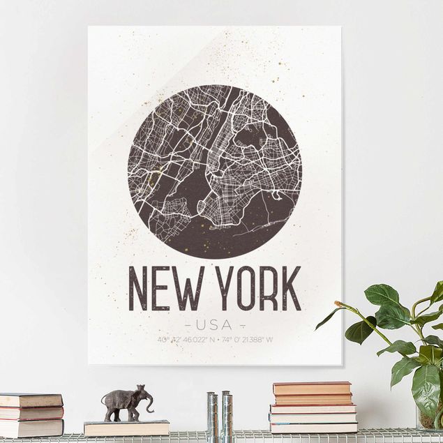 XXL Glasbilder Stadtplan New York - Retro