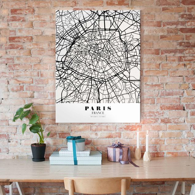 Schwarz-Weiß Glasbilder Stadtplan Paris - Klassik