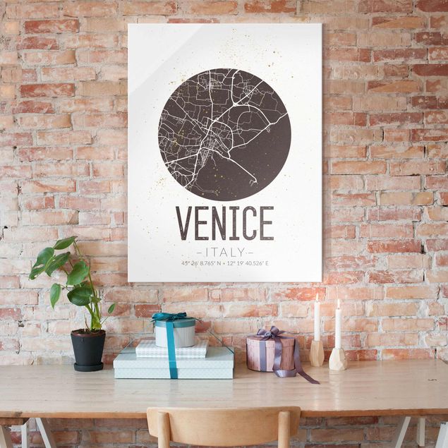 Schwarz-Weiß Glasbilder Stadtplan Venice - Retro