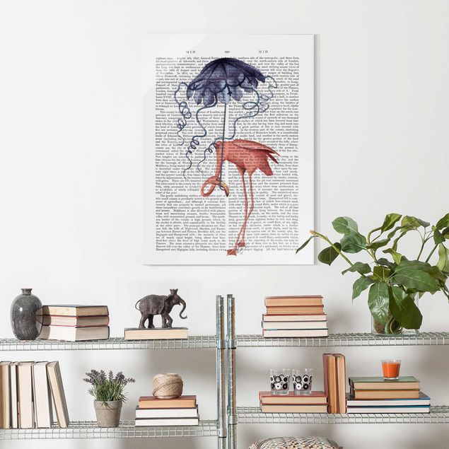 Wandbilder Glas XXL Tierlektüre - Flamingo mit Regenschirm