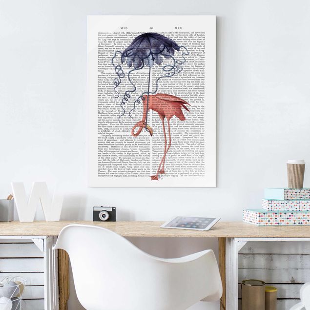 Glasbilder Tiere Tierlektüre - Flamingo mit Regenschirm