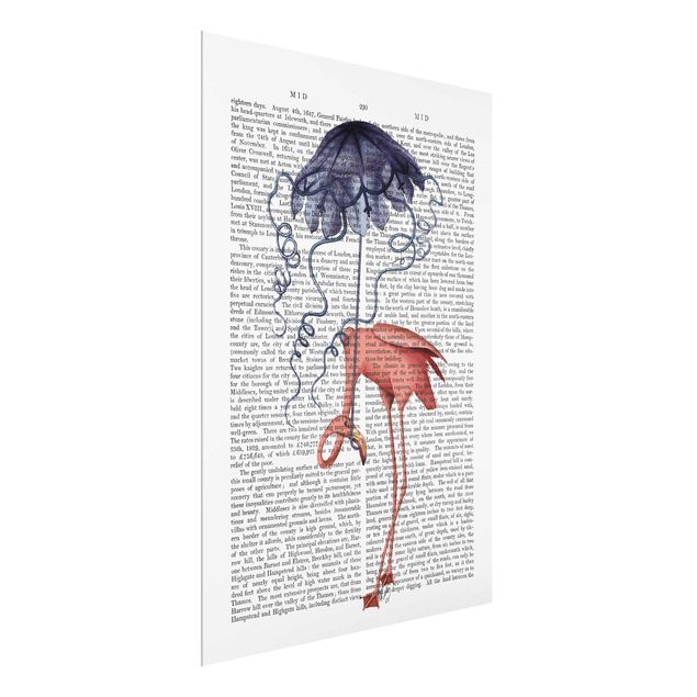 Glasbilder mit Spruch Tierlektüre - Flamingo mit Regenschirm