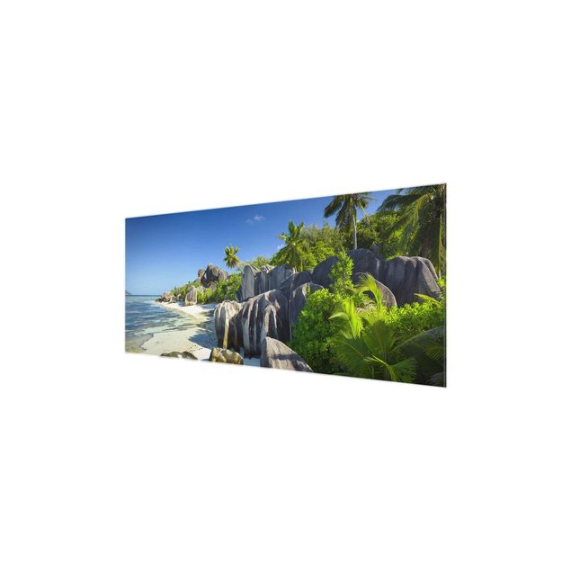 Glasbild - Traumstrand Seychellen - Panorama Quer