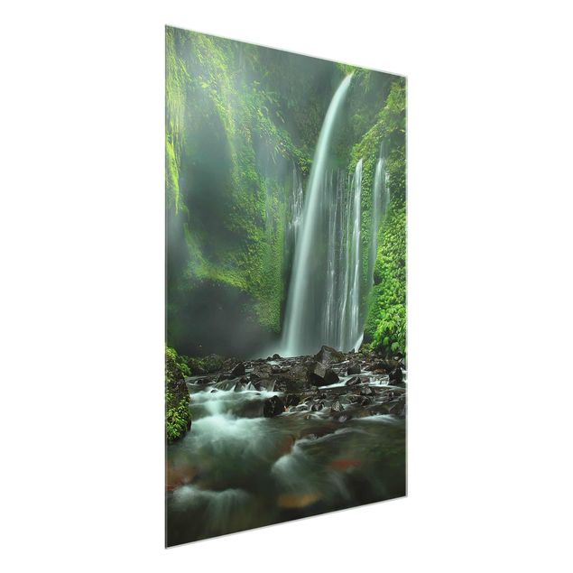 Glasbild Grün Tropischer Wasserfall