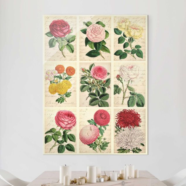 Glasbilder Rose Vintage Blumen Collage