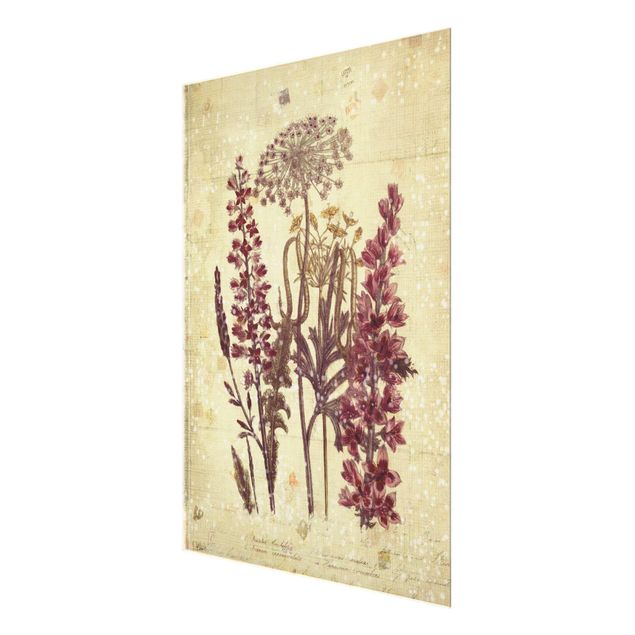 Glasbild - Vintage Leinenoptik Blumen - Hochformat 3:4