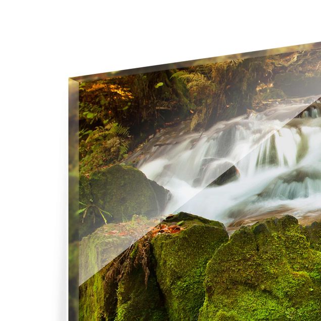 Glasbild - Wasserfall herbstlicher Wald - Panorama Quer