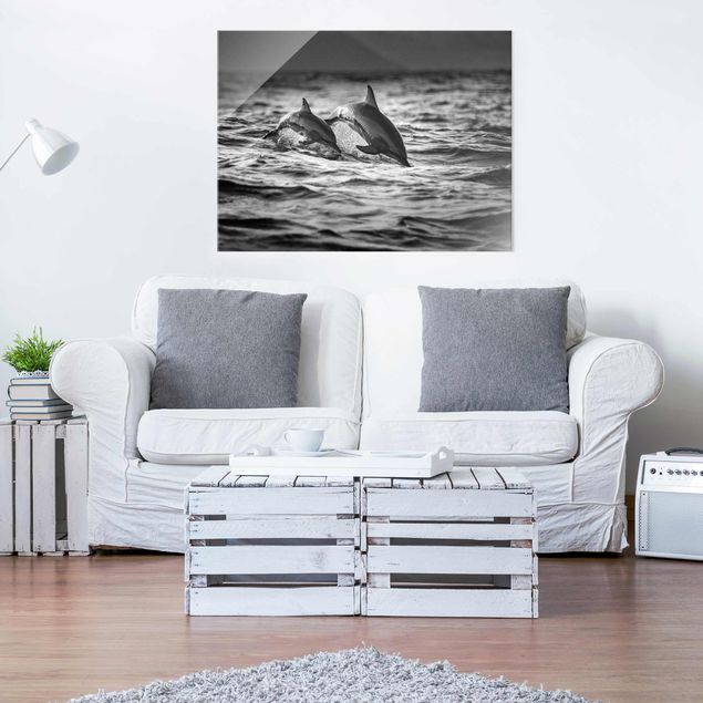 Glasbild Schwarz-Weiß Zwei springende Delfine