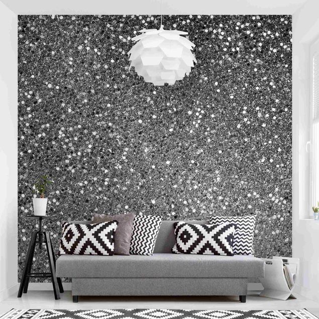 Romantische Schlafzimmer Tapete Glitzer Konfetti in Schwarz-Weiß