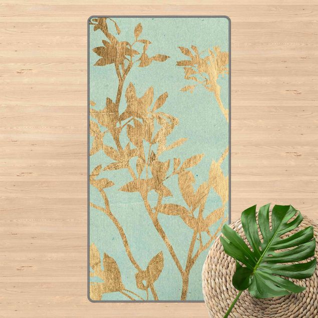 Moderner Teppich Goldene Blätter auf Turquoise II