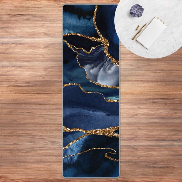 Teppich abstrakt Goldene Glitzer Wellen vor Blau