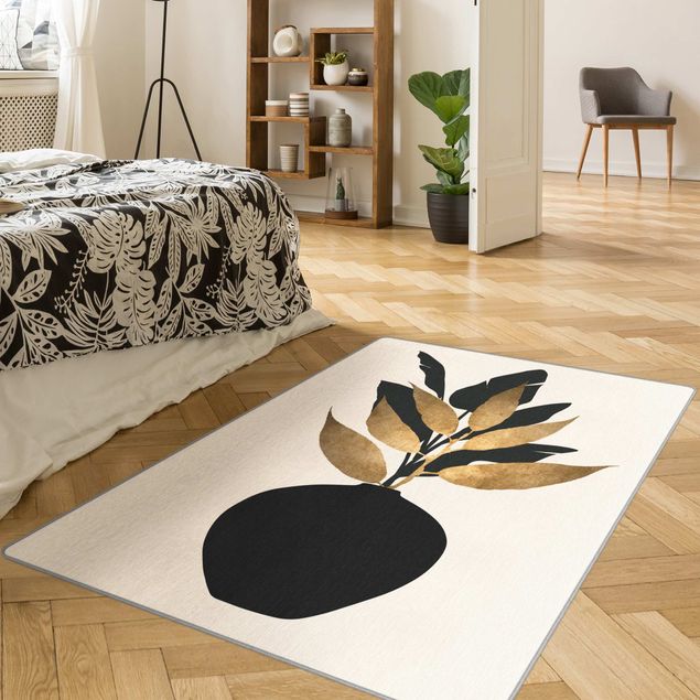 Teppich schwarz-weiß Grafische Pflanzenwelt - Gold und Schwarz