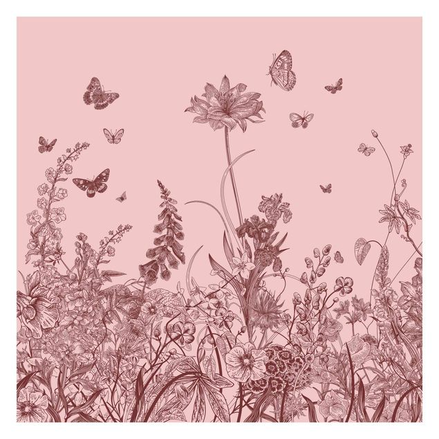 Design Tapete Große Blumen mit Schmetterlingen auf Rosa