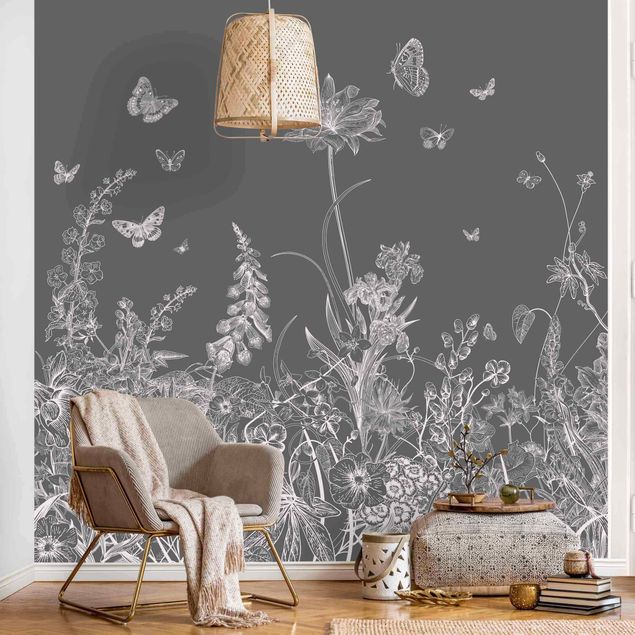 Fototapete modern Große Blumen mit Schmetterlingen in Grau