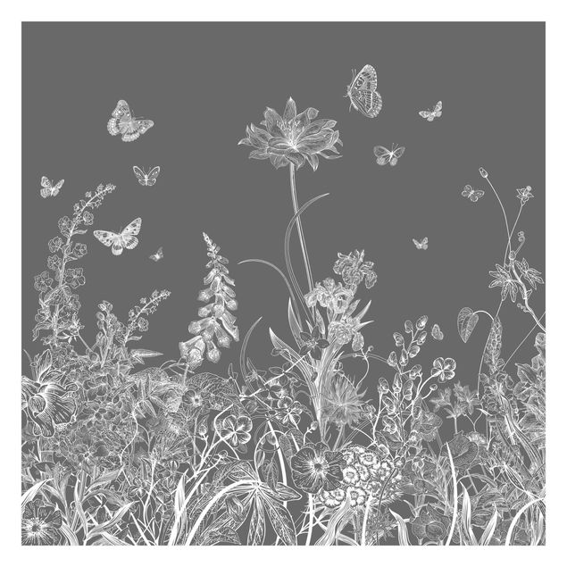 Fototapete Schlafzimmer Grau Große Blumen mit Schmetterlingen in Grau