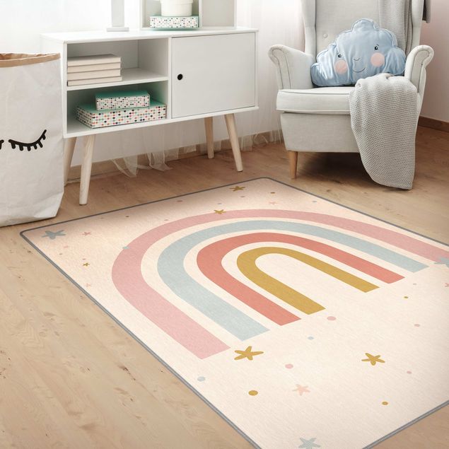 Pastell Teppich Großer Regenbogen mit Sternen und Pünktchen