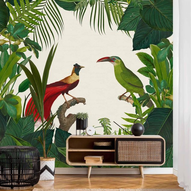 Tapete Dschungel Grünes Paradis mit tropischen Vögeln