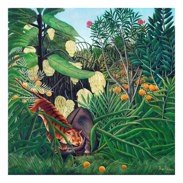 Glas Wandbilder Henri Rousseau - Kampf zwischen Tiger und Büffel