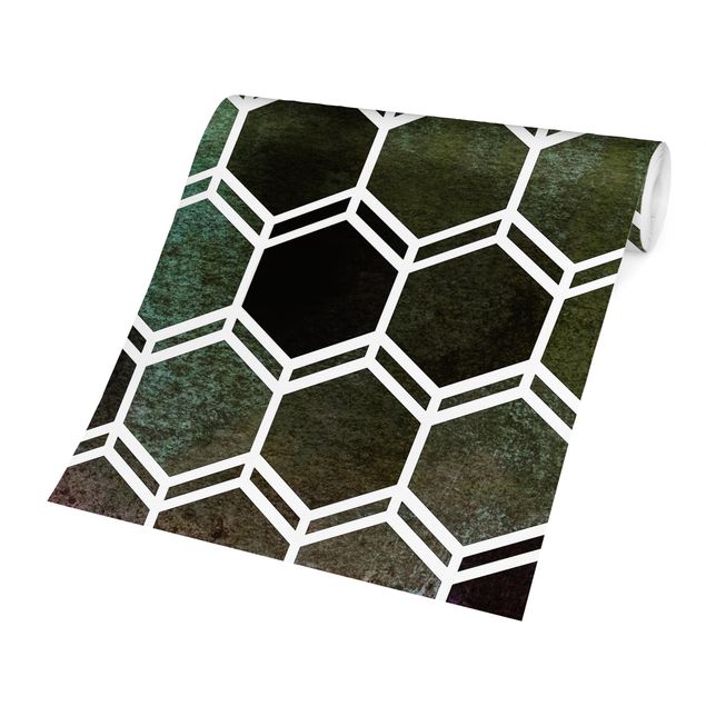 Tapeten modern Hexagonträume Aquarell in Grün