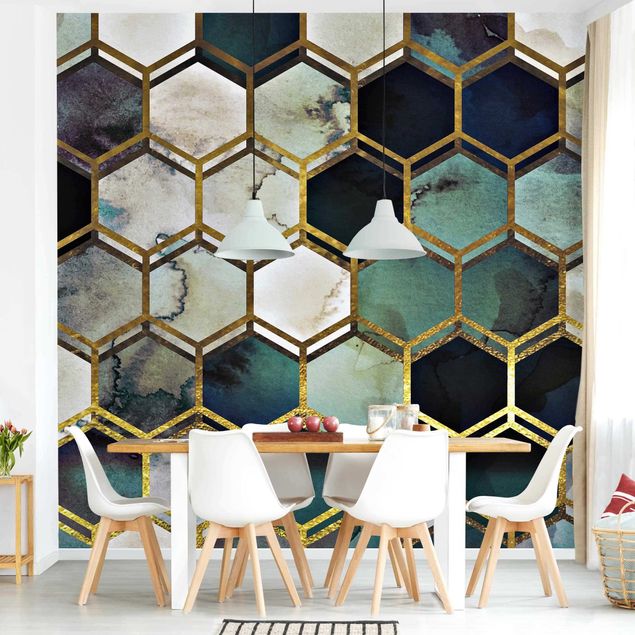 Tapeten Muster Hexagonträume Aquarell mit Gold