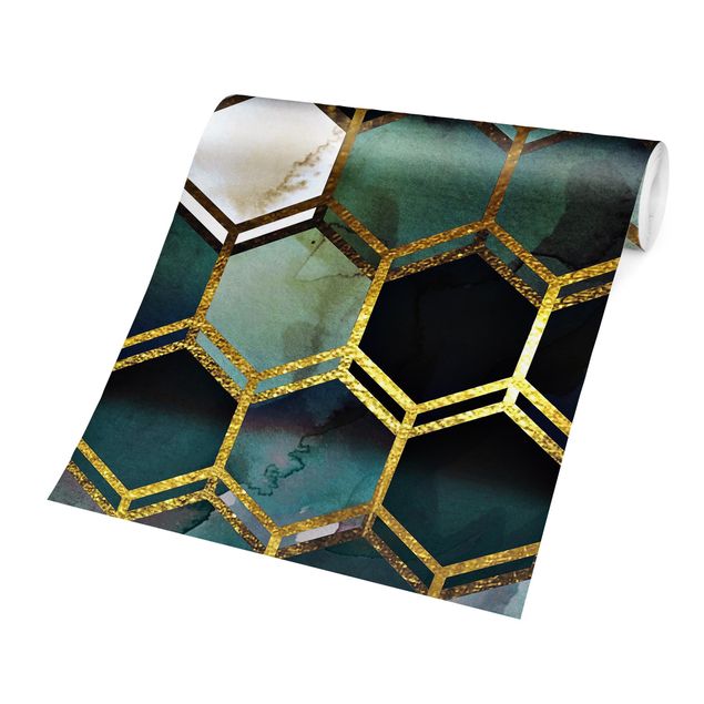 Moderne Tapeten Hexagonträume Aquarell mit Gold