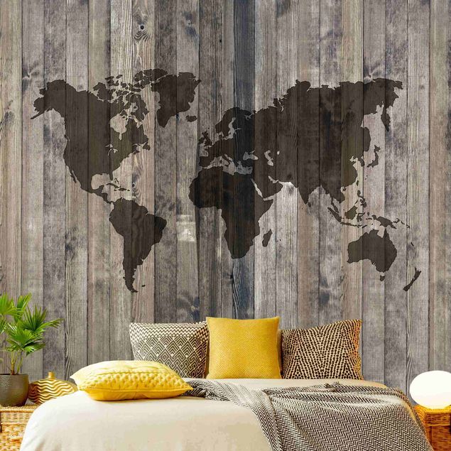 Wandtapete Design Holz Weltkarte