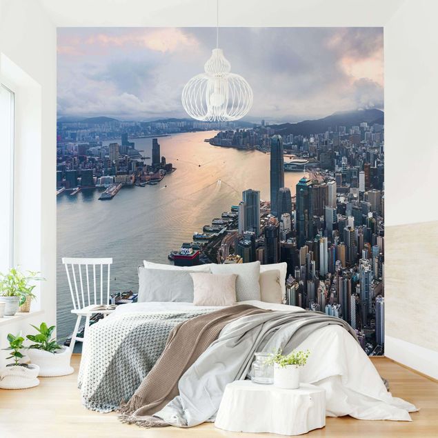 Fototapete Schlafzimmer Grau Hongkong bei Sonnenaufgang
