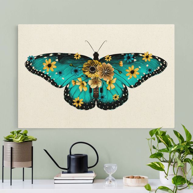 Leinwandbilder Schmetterling Illustration floraler Blauer Morpho