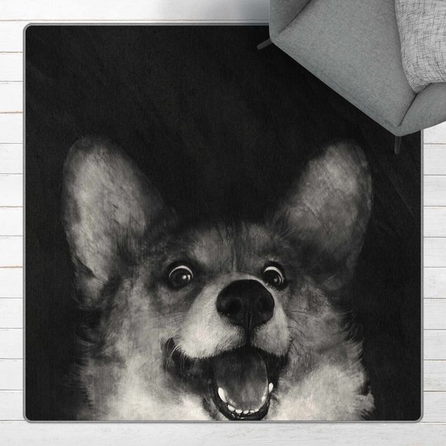 Moderner Teppich Illustration Hund Corgi Malerei Schwarz Weiß