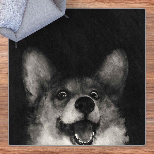 Schwarz-weißer Teppich Illustration Hund Corgi Malerei Schwarz Weiß