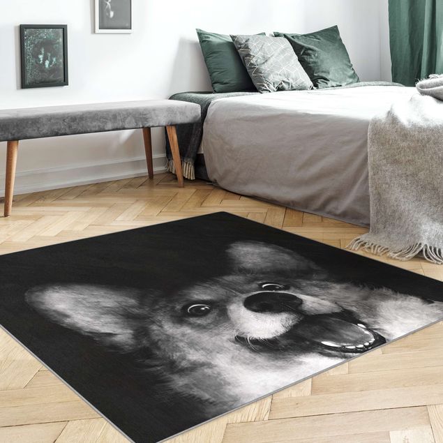 grosser Teppich Illustration Hund Corgi Malerei Schwarz Weiß
