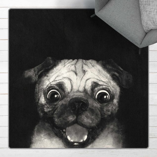 Moderne Teppiche Illustration Hund Mops Malerei auf Schwarz Weiß