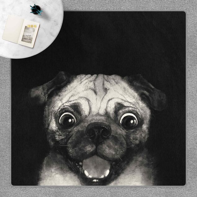 Teppich schwarz-weiß Illustration Hund Mops Malerei auf Schwarz Weiß
