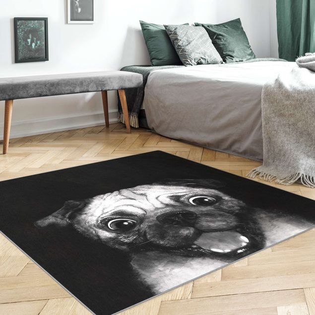 Große Teppiche Illustration Hund Mops Malerei auf Schwarz Weiß