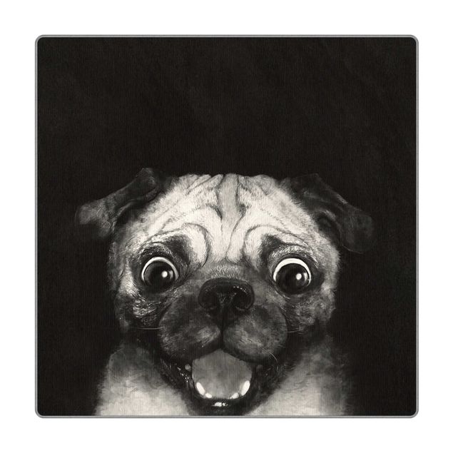 Teppich - Illustration Hund Mops Malerei auf Schwarz Weiß